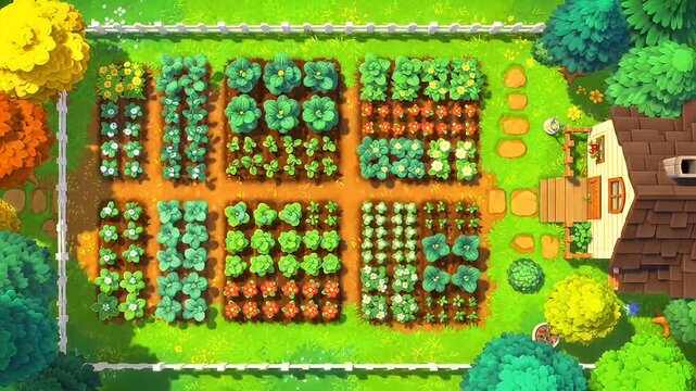 Aerial view of a colorful cartoon vegetable garden near a quaint white-walled house