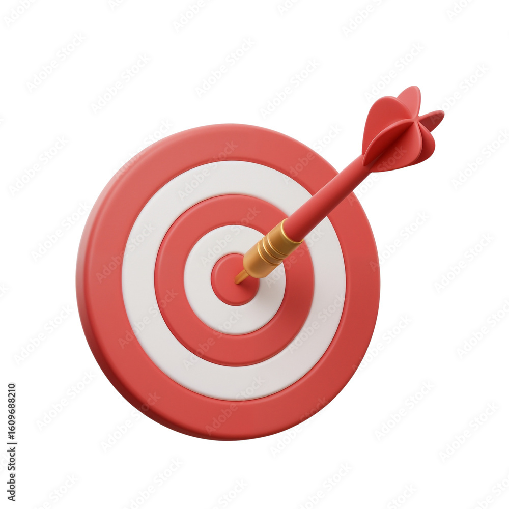 Poster red and white target with dart hitting the center from above 3d rendering isolated on transparent ba