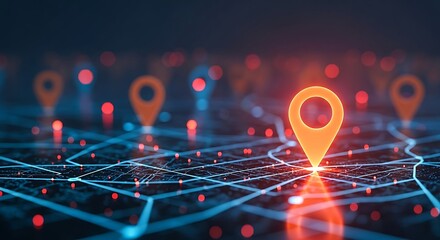 Glowing map pins highlight routes on a digital network