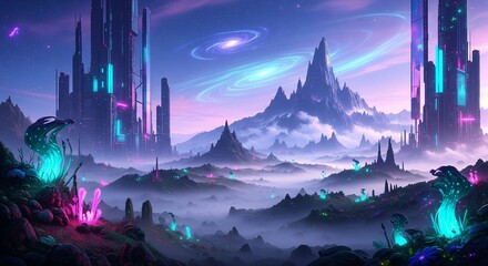 Fantasy Frontier, Surreal Terrain in Neon and Mist