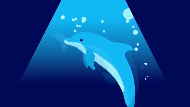 Stylized blue dolphin with bubbles underwater in deep blue gradient background
