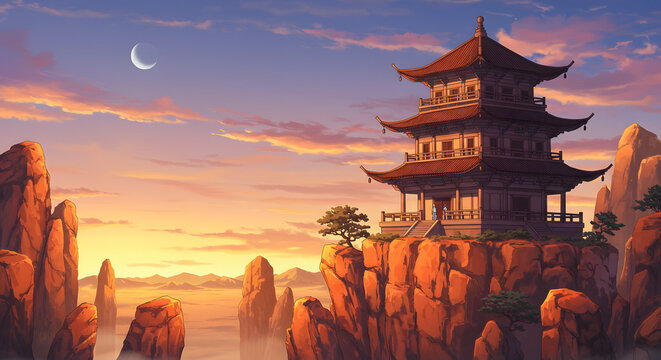 A traditional Asian pagoda stands on a high cliff overlooking misty mountains at sunset with a crescent moon. - Powered by Adobe