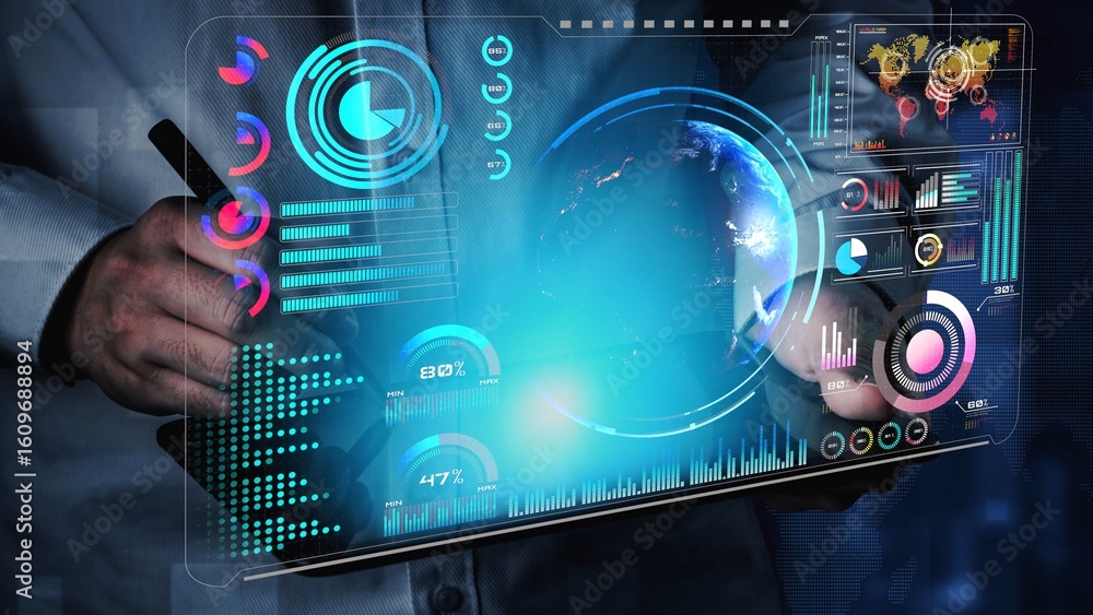 Poster high-tech global network connection interface showing worldwide digital communication, data exchange