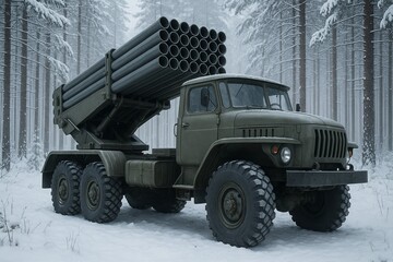 Military rocket launcher truck parked in a snowy forest with tall trees