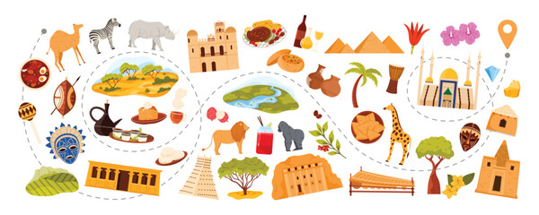 Travel to Africa, African culture elements, cuisine and nature, animals and landmarks on tourist route across continent. Egyptian pyramids, savannah, ancient temples cartoon vector illustration