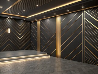 Obraz premium Dark room with gold geometric accents and illuminated stage interior platform