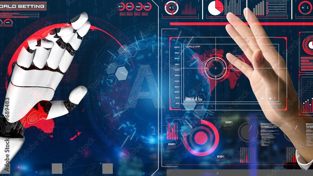 Poster ai-powered global network interface enabling real-time data interaction, virtual assistant support, 