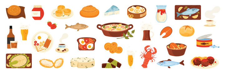 Food and drink of Northern European cuisine set. Danish sandwich Smorrebrod, Swedish Meatballs Kottbullar, Finnish Salmon Soup and cheese, Norwegian Lutefisk, bread cartoon vector illustration