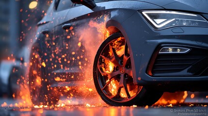 Burning Tire Intense Flames  Car Action on City Street with Dynamic Photo.