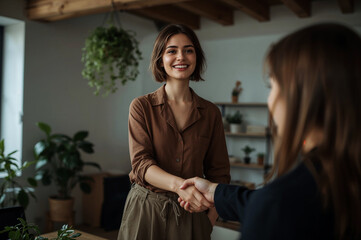A warm welcome handshake sealing a deal with a smiling brunette in a cozy plant filled office