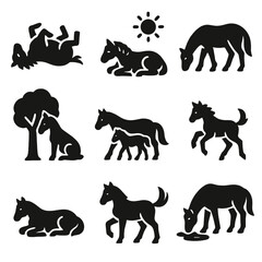 Horse Pasture Icons. Solid style icons of horse pasture behavior: horse rolling, napping in sun, grazing, scratching on tree, herd