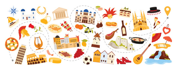 Travel to Southern Europe, culture elements set, food and buildings on route of journey. Pizza and olive oil, Colosseum and Parthenon, Flamenco shoes and maracas, guitar cartoon vector illustration