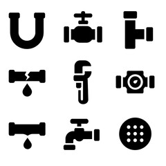 Plumbing Tools Icons. Solid style icons of plumbing and pipes: U-bend pipe, valve icon, pipe connector, leak icon, plumber wrench,