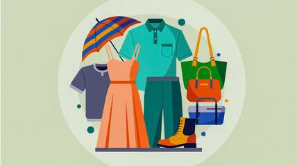 A flat design illustration of clothing and accessories arranged in a circular pattern against a light beige background