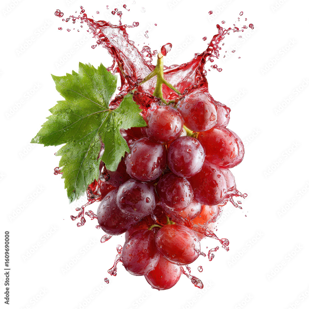 Poster fresh red grapes splashing into water against a white background for a vibrant and refreshing look