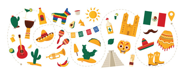 Travel to Mexico, Mexican famous places and culture elements, food and drink on vacation route. Temple of Kukulcan and cathedral, tequila and drum, sombrero and poncho cartoon vector illustration