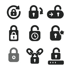 Lock State Icons. Solid style icons of lock states and actions: lock with rotation arrow, lock with unlock animation, lock and