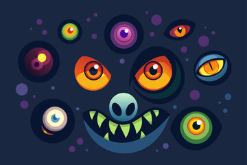 Collection of Glowing Monster Eyes in the Dark