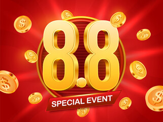 8.8 sale banner template with August 8 number, golden coins flying around, isolated on red background. Discount event banner in 3d vector. Vector illustration