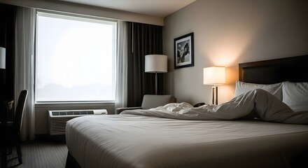 A tranquil and tidy hotel room in the morning, featuring an unmade bed and bright natural light from a large window.