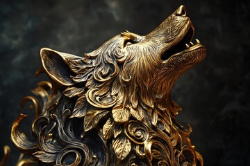 Ornate golden wolf sculpture with detailed leafwork.