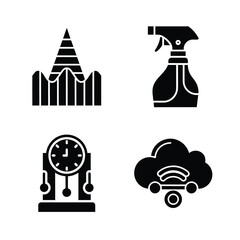 Four black icons including pyramid graph spray bottle clock and cloud