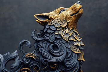 Ornate, detailed sculpture of a stylized wolf head.