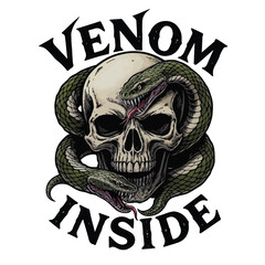 Menacing skull with snakes wrapped around, "Venom Inside" text tshirt design