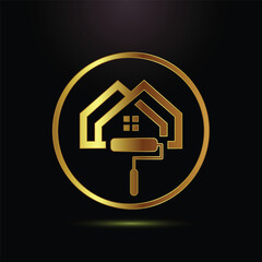 Golden house painting logo with roller and circular frame
