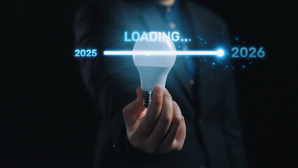 Visualizing the shift from 2025 to 2026. Progress bar symbolizing advancement, strategic foresight, yearly goal-setting, and business transformation for the upcoming year. Elide