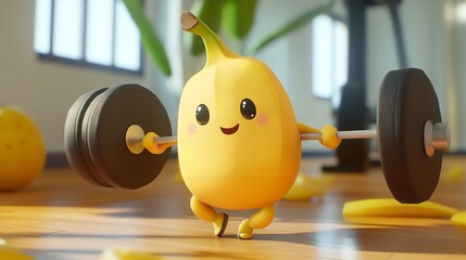 Cartoon banana character lifting a barbell with a smiling face in a bright indoor setting with plants