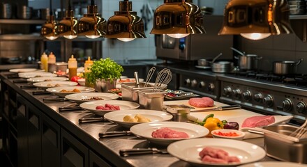 Culinary food preparation line with mise en place on stainless steel counter in a professional restaurant kitchen.