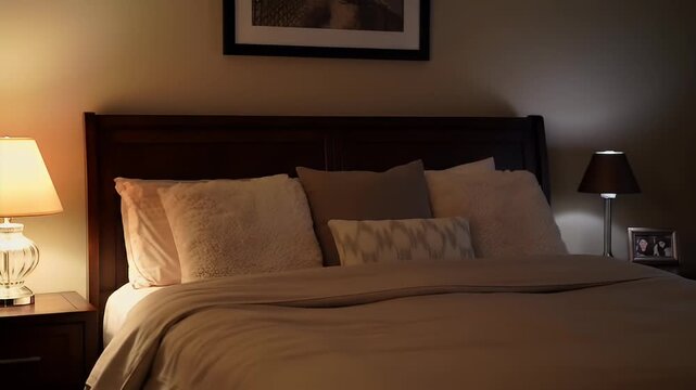 Cozy bedroom featuring soft lighting from bedside lamps and multiple fluffy pillows