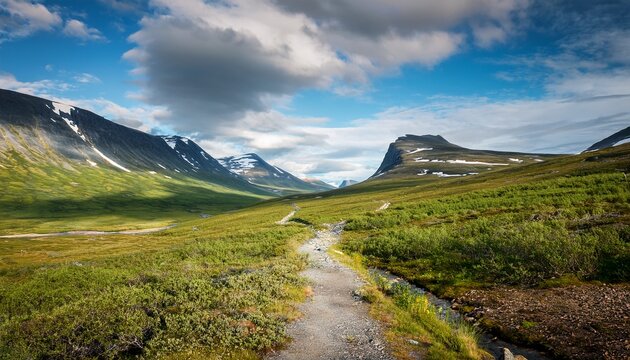scenic kungsleden trail through swedish lapland fells and green landscape