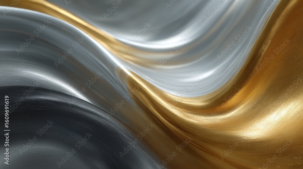 Poster fluid patterns of silver and gold blended with dark shades in abstract art display