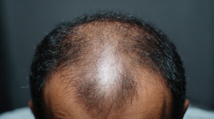 Naklejka premium Individual showcasing alopecia with significant hair thinning on the scalp in a well-lit indoor setting during day time