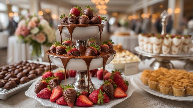 Elegant dessert table featuring chocolate-covered strawberries and assorted sweets at a celebration event - Powered by Adobe
