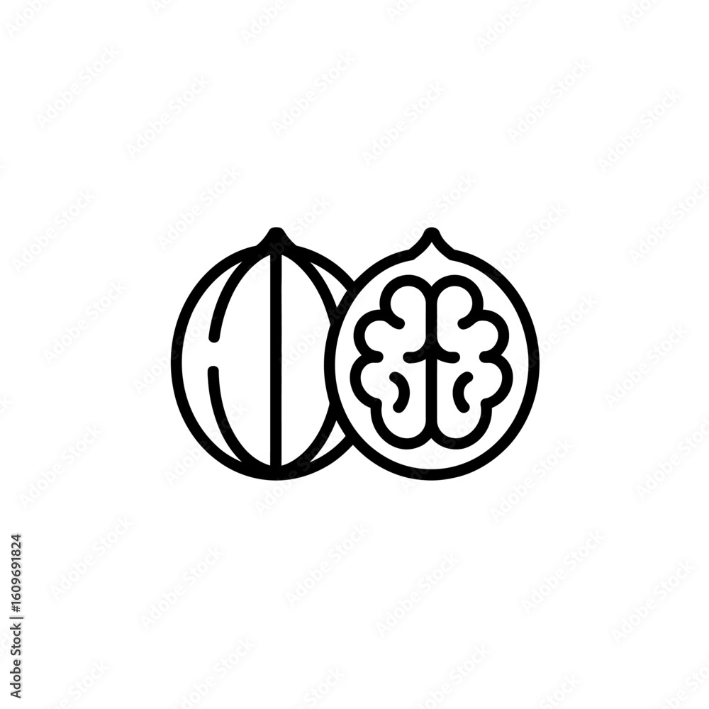 Poster simple outline icon of a whole walnut and a halved walnut showing the kernel