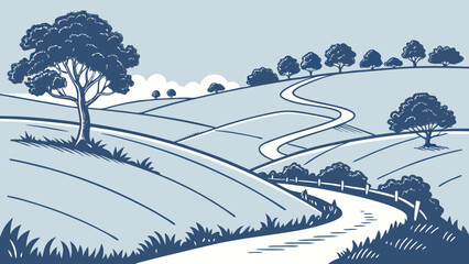 A winding road through rolling hills with trees under a cloudy sky