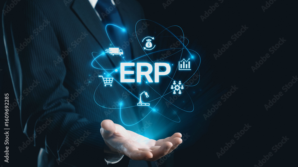 Poster erp platform visual showing centralized system for enterprise resource planning, improving integrati