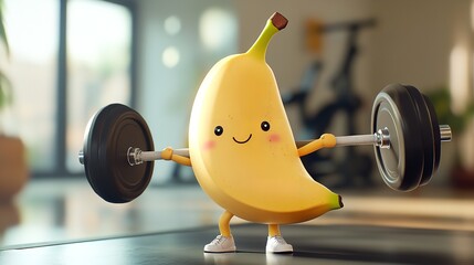 A cartoon banana lifting a barbell with a smile in a gym setting during a workout session indoors
