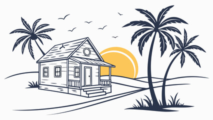 Obraz premium Tropical beach house with palm trees and surfboards at sunset