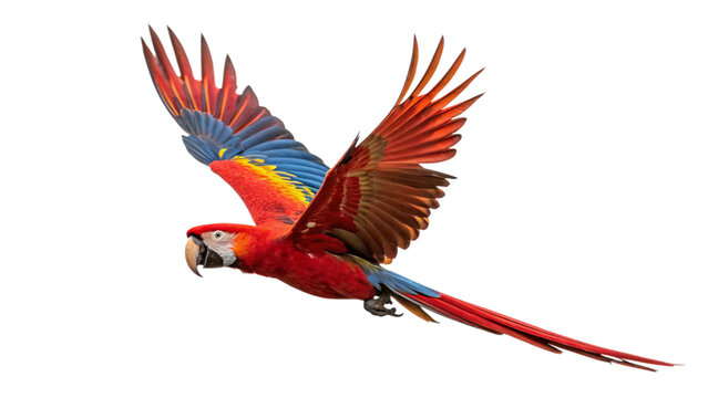 Scarlet macaw flying free vibrant parrot bird tropical wildlife exotic nature colorful wings feathers