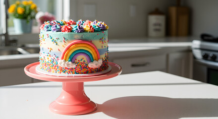 A vibrant rainbow cake with colorful sprinkles sits on a pink stand