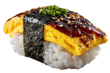 tamago nigiri sushi with sweet egg omelette on sushi rice, tied with nori strip. isolated on transparent background with clipping path. Japanese healthy asian cuisine concept.