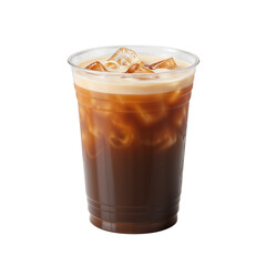 Iced coffee drink with milk in a clear plastic cup 3d rendering isolated on transparent background 
 