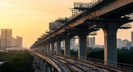 Obraz premium Elevated metro line under construction against a warm sky