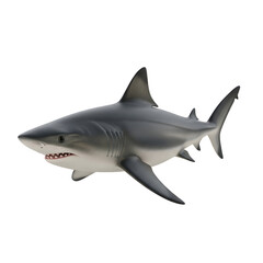 A grey shark with visible teeth swims against a white background, showcasing its streamlined body and fins.