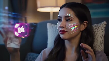 Woman manipulates shimmering blue augmented reality with hands while relaxing on couch - Powered by Adobe
