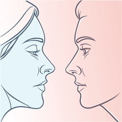 Vector art of two profiles of a man and woman facing each other in a conceptual illustration